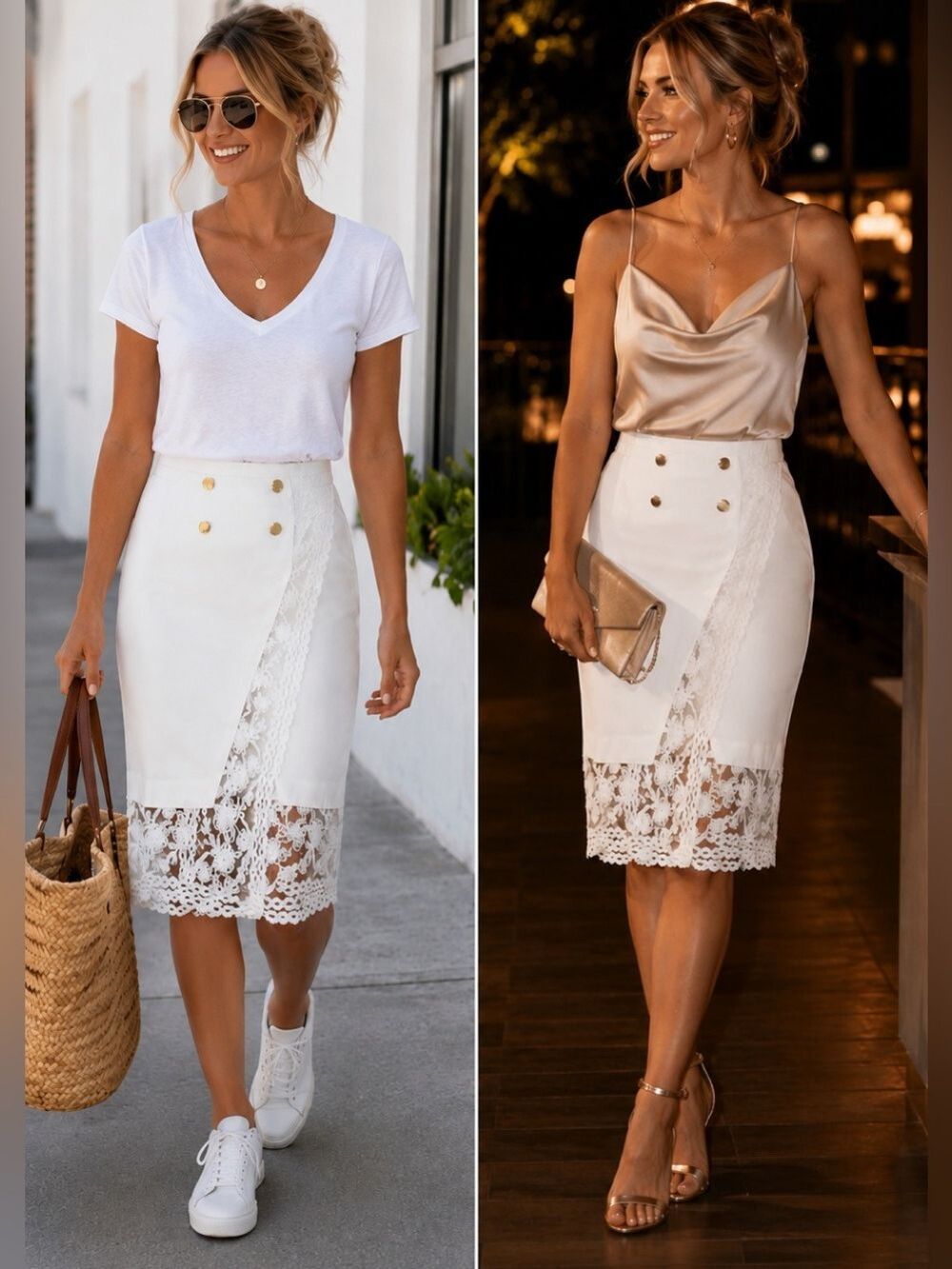Zara Basic White Lace Overlay Wrap Pencil Skirt Gold Button Detail Size L RARE!